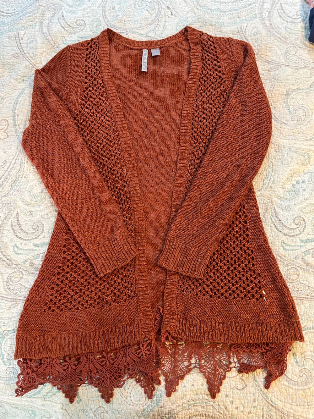 By Design Rust Crochet-Trim Open Cardigan Sweater - Women